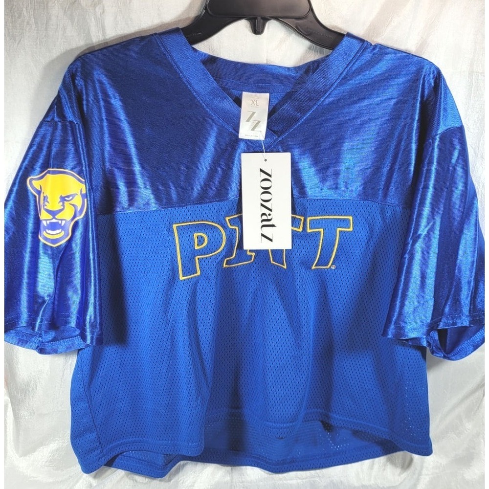 Zoozatz Women's Pittsburgh Panthers Embroidered Crop‎ Jersey - Blue - Medium